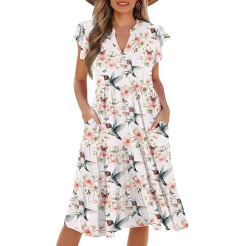 Image of Women's Casual Ruffle Sleeve Dress V Neck Pullover Dress Flowy A-Line Pleated Lightweight Dress with Pockets