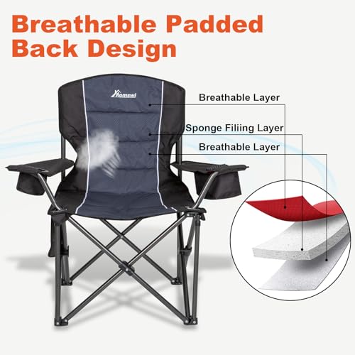 Image of Romswi Oversized Camping Chairs,Heavy Duty Support 500 LBS,Padded Back & Arm Sport Chairs, Cup Holder Cooler Bag, Collapsible Folding Chairs for Outdoor, Fishing & Garden, Black,2-Pack