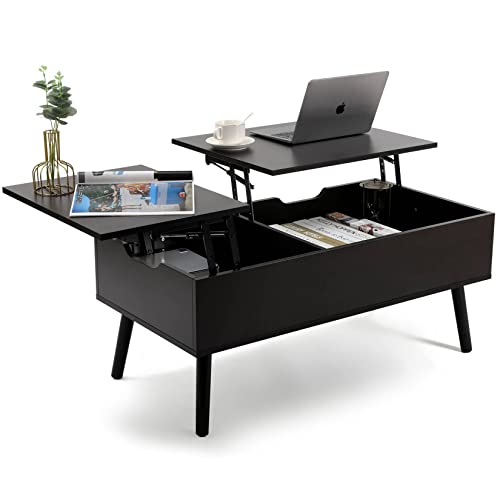 VOWNER Table Basse, Table Basse Réglable en Hauteur, Pull-Out, Table Basse Extensible, Compartiment de Rangement Séparé et Caché, Double Plateau Relevable, Table de Canapé de Salon, Noyer Noir