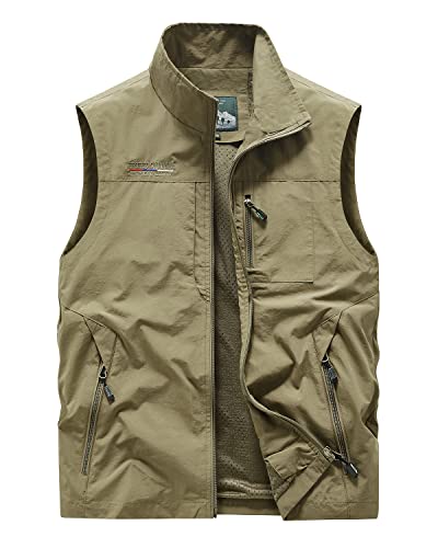 Oralidera Gilet de Pêche Homme Veste Gilet Multipoches Manteau Sans Manche Séchage Rapide Gilet de Chasse Reporter Photographe Randonnée Gilet de Plein air, Kaki, M