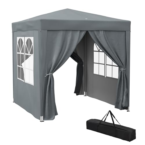 Outsunny 2x2m Garten Pop Up Pavillon Hochzeit Party Zelt Festzelt Wasserdicht Vorzelt Vordach mit Seitenwänden Fenster Tragetasche Grau
