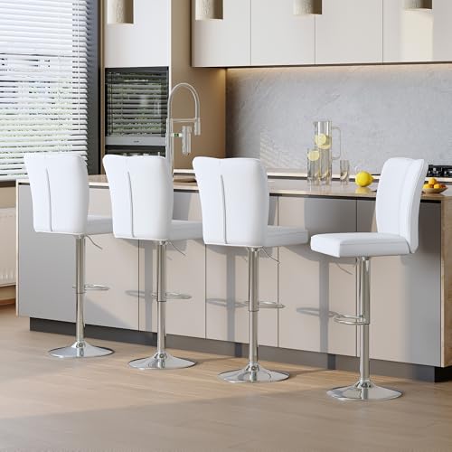 Image of Swivel Bar Stools Set of 4 - White Barstools with Back,Adjustable Counter Height Bar Stools with Sturdy Metal Legs,Leather Counter Height Stools Ideal for Kitchen Island Pub(25''-33''H)