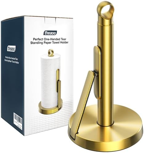 theaoo Heavy-Duty Stainless Steel Paper Towel Holder with Tension Arm – Easy One-Handed Tear, Modern Standing Countertop Dispenser for Kitchen, Holds All Paper Towel Rolls (1, Gold)
