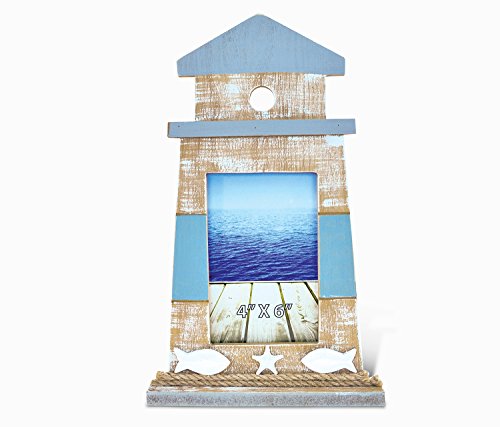 Puzzled Cota Global Nautical Lighthouse Shape 4X6 Frame - Distressed Wood Lighthouse Photo Frame, Handmade Lighthouse Nautical Picture Frame For Tabletop Or Wall Hang - 12.25 Inches #TOP11