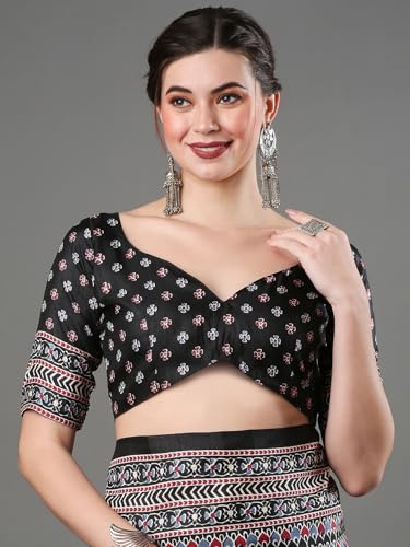 AKHILAM Women's Ajrak Block Print Dola Silk Saree With Unstitched Blouse Piece