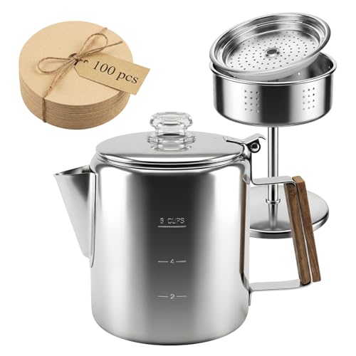 Eyoulife Perkolator Kaffeekanne 1L 304 Edelstahl Kaffeekanne für den Herd Enthält 100 Filterpapiere Kaffeekocher Camping Kompatibel mit Gasherden Induktionskochfeldern Campingkochern