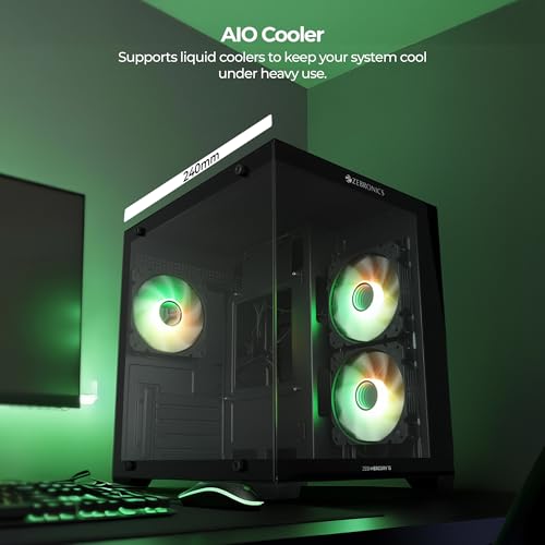 Image of Zebronics Cube Gaming PC Cabinet, 240mm Radiator Support, mATX /ITX Compatibility, 270 Tempered Glass, Magnetic Dust Filter, Bottom PSU Mount, Clean Dual Chamber Layout (Mercury 15, Black)