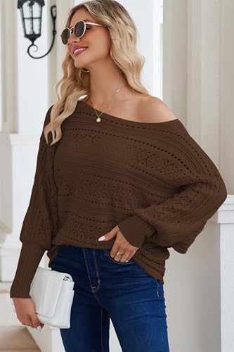 Image of Cakulo Womens Off Shoulder Sweater Top Fall Outfits Fashion 2025 Oversized Knit Batwing Long Sleeve Crochet Pullover Sweaters