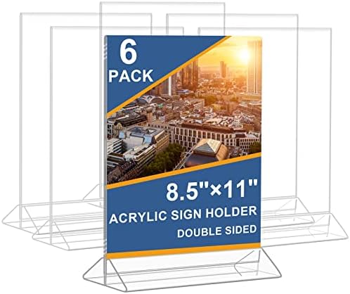Acrylic Sign Holder 8.5 x 11 Vertical Double-Sided Flyer Display Stands, Plastic Table Menu Stand, Clear Picture Paper Frames for Office Home Store Restaurant 6Pack