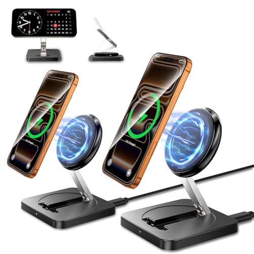 Magnetic Wireless Charger, [2 Pack] 15W Foldable Fast Charging Stand for iPhone 17/16/15/14/13/12 Series/AirPods 3/2/Pro 2/3, Samsung Wireless Charger Station for Galaxy S25 Ultra/S24/S23/S22/S21/S20