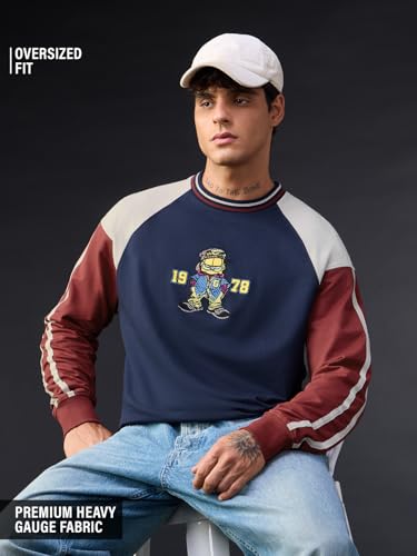 Image of The Souled Store Garfield: Cool Kitty Men and Boys Long Sleeves Round Neck Navy Blue Embroidered Casual Lightweight Drop Shoulder Streetwear Trendy Oversized Full Sleeve T-Shirts