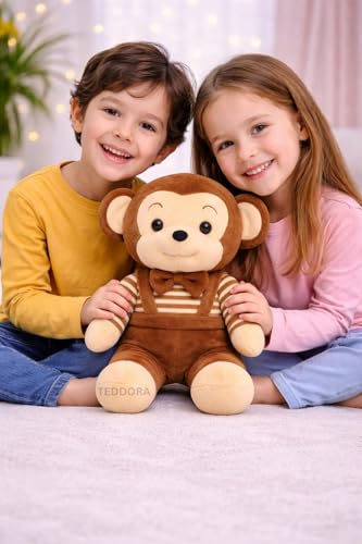 Image of Bow Monkey Soft Toy for Girls Boys Kids, Brown, Animal Stuffed Baby Teddy Gift Birthday, 25 cm
