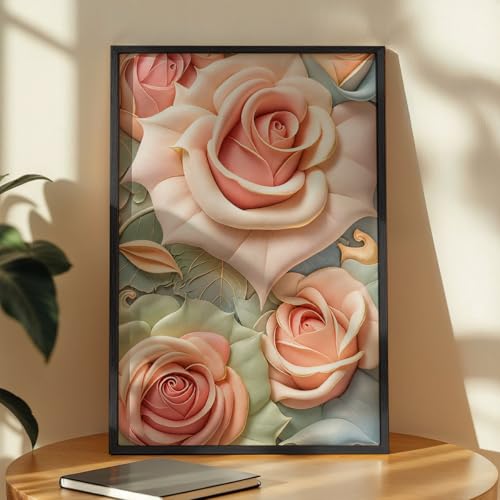 Image of NoWorries 3D Rose Floral Wall Painting with Frame Set of 1 | Premium Textured Pastel Flower Artwork, Luxury Botanical Nature Wall Decor for Living Room, Bedroom, Office and Home Decoration (3d Art-12,17x25inch)