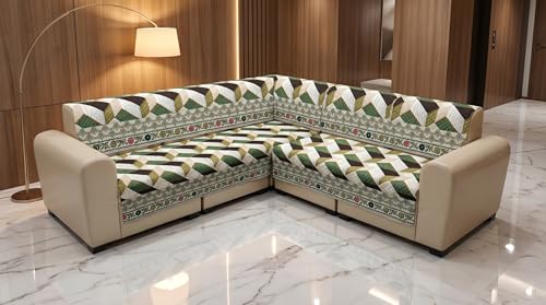 Image of Luxury Sofa Cover L Shape 6 Seater with Matching Cushion Cover 16x16 inch - Royal Green Chevron 3+3 Seater (6 Seater) Quilted Sofa Cover Set Pack of 11, Washable, Green Multicolor