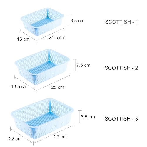Image of Joyo Scottish Basket Rectangular Multipurpose Smart Storage Basket with Different Size (S, M & L) for Vegetables, Fruits,Cosmetics (Pack of 3) - Blue