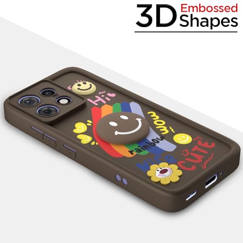 Image of Pikkme Back Cover for Motorola Moto Edge 50 Pro 5G | Soft Silicone| Cute Rainbow Smile & 3D Cartoon Flower Design | Shockproof Raised Camera Protection Bumper Case (Brown)