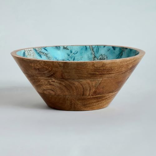 Image of SAAGA Printed Mango Wood Serving Bowl - 10 x 4 Inch Handcrafted Round Wooden Bowl | Food-Grade Finish for Noodles, Soups, Curries & Snacks - Marine Blue