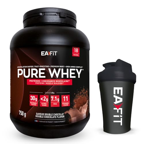 Whey protein chocolat EAFIT favorise la construction musculaire après l'effort avec shaker