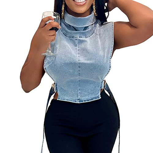 Women Denim Cropped Jacket Summer Fashion Sleeveless Vest Casual Lace-Up Jean Jacket with Buckles Outdoor Clothes