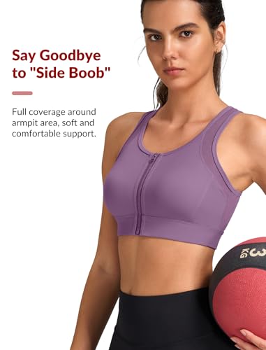 Image of Yvette Front Zip Sports Bras for Women High Impact Mesh Racerback Full Support Running Bra Plus Size for Workout