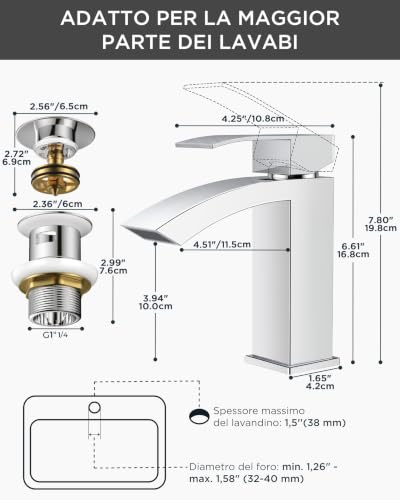 FORIOUS Rubinetto Lavabo Cromo, Miscelatore a Cascata Monocomando - 3