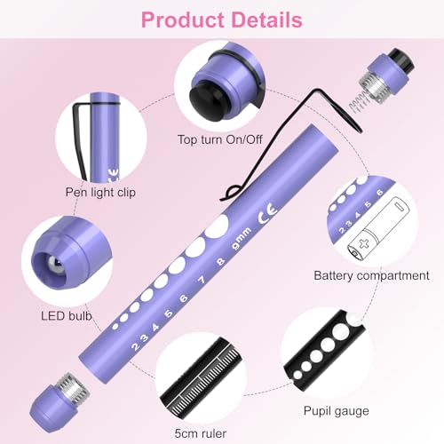 RISEMART Pen Lights for Nurses, 2Pack Reusable Medical Pen Light with Pupil Gauge and Ruler, White Light LED Penlight for Nurse Student Doctors EMT (Pink/Purple)