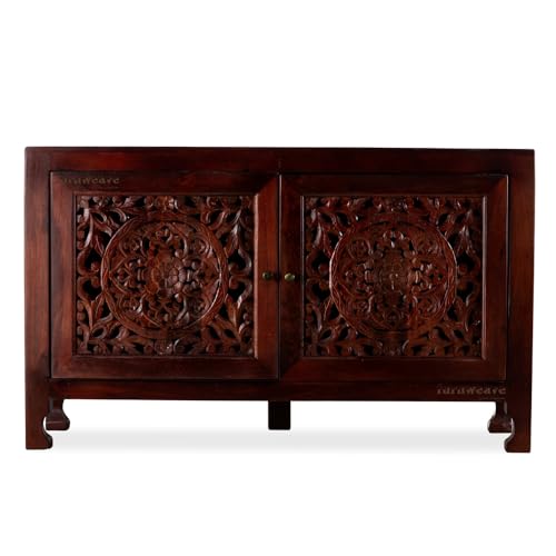 Image of Yepa Wooden Sideboard Cabinet for Living Room | Handcrafted Solid Wood Storage Cabinet with Carved Doors | Crockery Cabinet for Home | Crockery Furniture for Home (Mahogany)