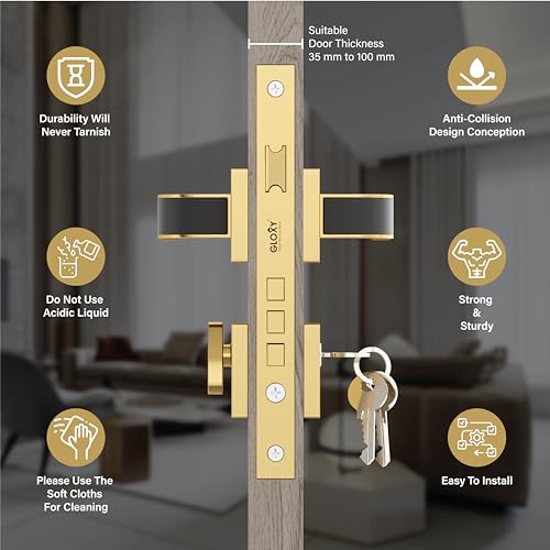 Image of GLOXY Premium Zinc Door Locks for Main Door, Mortise Door Lock Set with 3 Brass Keys, Bedroom Handle Lock for Home | Gold & Black Finish (2 Years Warranty, Pack of 1)