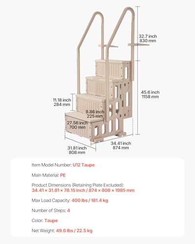 VEVOR Schwimmbadleiter, 4-stufige Treppe mit Doppelhandlauf und rutschfesten Hochleistungsstufen, maximale Tragkraft 181 kg, für 122–137 cm große Pools mit jeder Terrassenoberfläche, Taupe