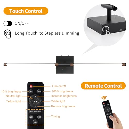 Image of Morauroral 24″ Walnut Black Battery Operated Wall Sconces, Dimmable Wall Sconces with Remote Control, Rechargeable Sconces Wall Lighting, LED Wireless Wall Lights for Bedroom, Living Room, Bathroom