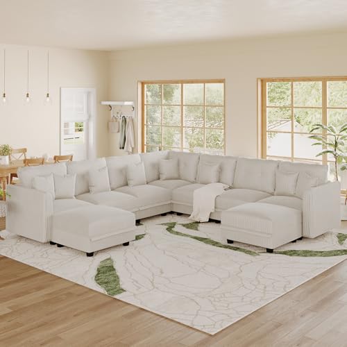 Image of LLappuil Modular Sectional Sofa with Storage, U-Shaped 9-Seat Corduroy Couch with 8 Throw Pillows, Pet-Friendly Convertible Pit Sofa for Living Room, Skin-Friendly & Soft, Beige