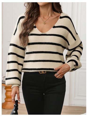 GORGLITTER Women's Bow Tie Back Sweater Striped Long Sleeve Backless V Neck Sweaters Pullover Tops4