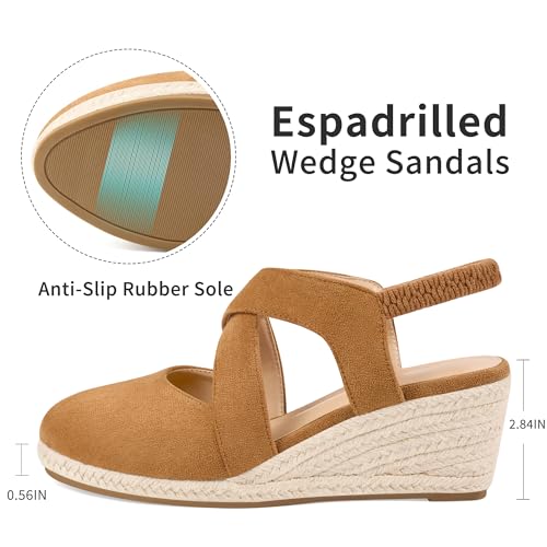 Image of HARENCE Espadrilles Wedge Sandals for Women: Comfortable Closed Toe Ankle Strap Elastic Shoes Summer Dressy Platform Heels
