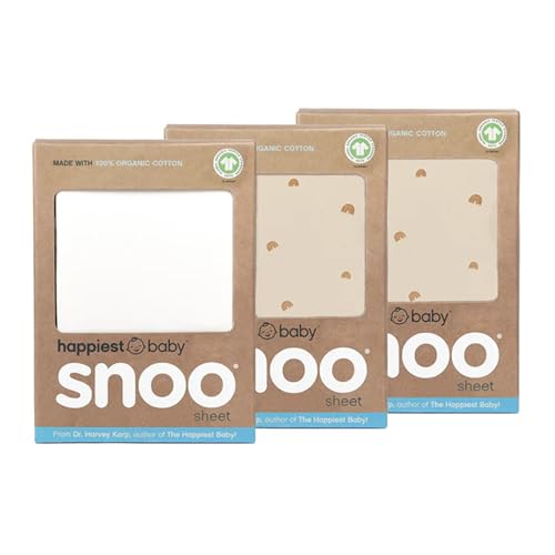 Happiest Baby SNOO Bassinet Fitted Sheet - 100% Organic Cotton Nursery Bedding - Fits SNOO Sleeper Crib Mattress - 3-Pack Bundle (Tab Rainbows (2) Ivory (1))