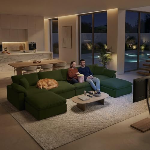 Image of 211.6 inch Cloud Modular Sectional Sofa,Green Down Filled Sofa 5 Seat,Minimalist Sofa Cover Washable and Replaceable Couches for Living Room,Sectional Sofa Deep Seat