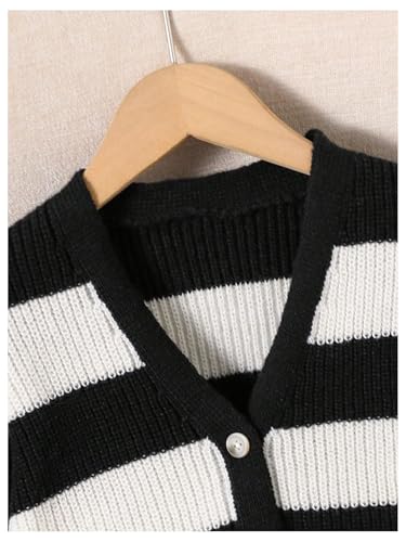 OYOANGLE Girl's Color Block Striped Cropped Cardigan Sweater V Neck Button Up Sweaters Outerwear3
