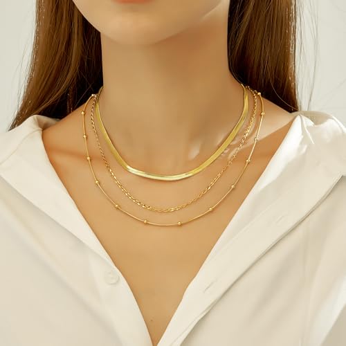 wgoud Gold Necklace for Women Waterproof,14K Real Gold Plated Herringbone Choker Necklace for Women Trendy, Dainty Gold Chain Necklaces Stack,Simple Layered Gold Necklaces for Women Jewelry Gifts2