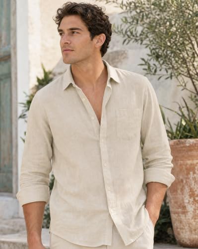 Image of Nobero Breezy Premium Linen Cotton Shirt for Men | Stylish Casual Shirts for Men | Semi Cut Collar | Box Pleat | Curved Hem | Regular Fit | Full Sleeve | S-XXXL