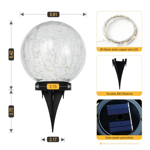 HOTEAGLE Solar Globe Lights Outdoor Waterproof-Large 2-Pack Solar Balls Lights for Outside Garden-Cracked Glass Ball Solar Lights for Garden Patio & Lawn Backyard Decor (Yellow, 5.9 inch) — view 3