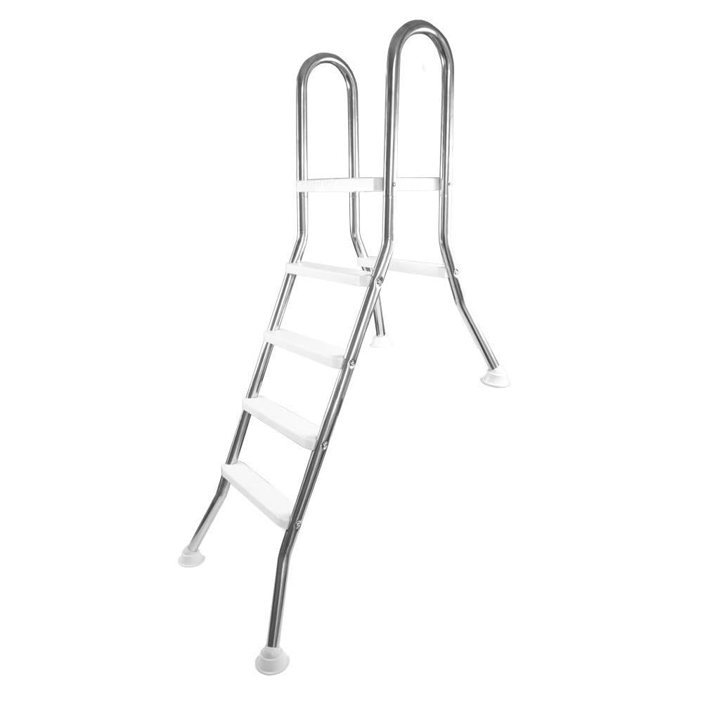 Poolleiter für teilversenkte & teileingelassene Becken mit Plattform, V2A Edelstahl, 4+1 Anti-Rutsch-Stufen, bis 125 cm Beckentiefe, Halbhochbecken