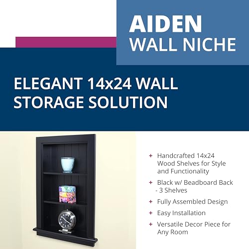 Image of 14x24 Aiden Recessed Wall Niche Medicine Cabinet Replacement, in The Wall Bathroom Cabinet Insert Shelf /Shelves, Made in North America, Real Wood, NO MDF, Beadboard, Black