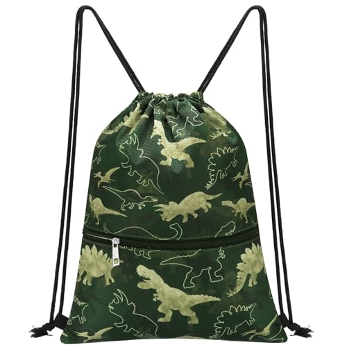 WAWSAM Dinosaur C Drawstring Backpack, Waterproof, 15 cu in, Polyester, Daypack Backpack for Boys Kids Swim Beach Gym Dance Travel