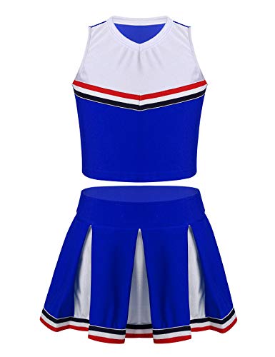 QinCiao Kids Girls Cheer Leader Uniform Cheerleading Costume School Musical Sleeveless Crop Top with Pleated Skirt Set Blue 12