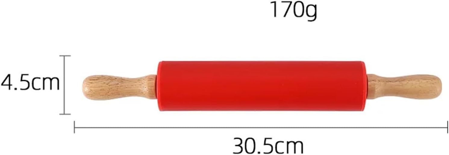 Silicone Rotating Roller Kitchen Wooden Handle Rolling Pin Dumpling Skin Pressing Flour Stick BakingTool(Red,23.5)