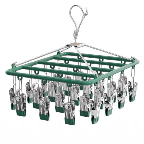Dexpally Estante de Secado de Calcetines de Acero Inoxidable con 23 Clips Percha Tenderetes de Ropa Giratorio Exterior Interior Colgador de Secado de Calcetines para Sujetadores, Ropa de Bebé (Verde)