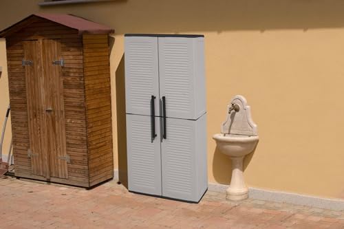 - Armadio da esterno Geel Mobile porta scope multiuso Armadietto outdoor 2 ante 100% Made in Italy Finitura 68x37h163 cm e righe grigio nero