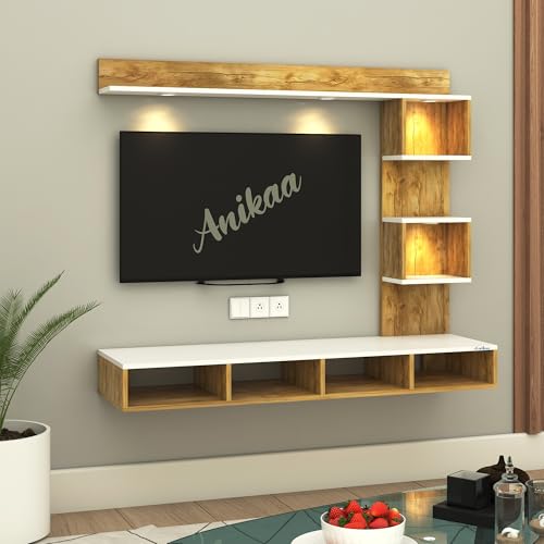 Image of Anikaa Kirina Engineered Wood Wall Mount TV Unit with LED Lights TV Cabinet TV Entertainment Unit Set Top Box Stand (Giantwood /White) (Ideal for 43 Inch)(D.I.Y)