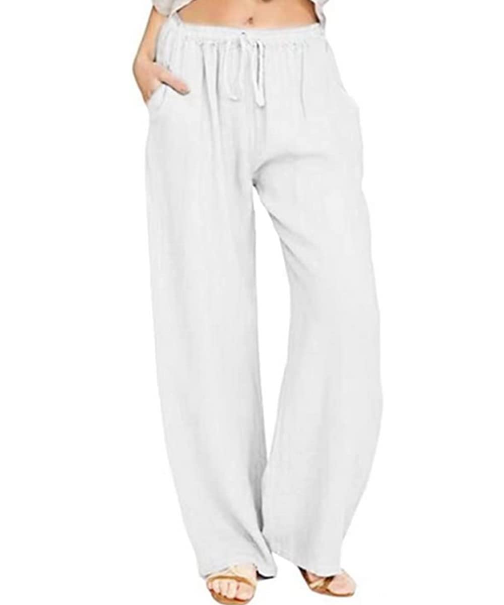 yoeasy Women Cotton Linen Drawstring Wide Leg Pants High Waisted Casual Loose Trousers with Pockets (Small, White)