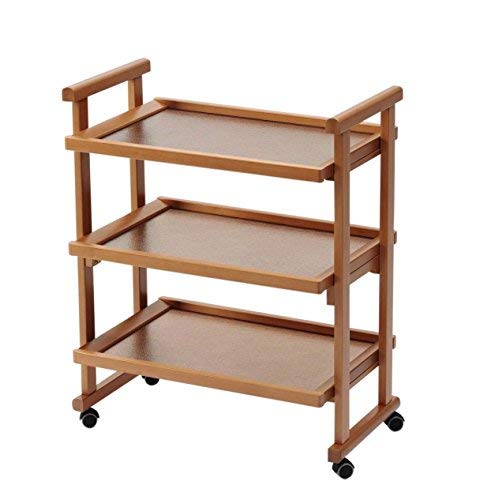 Image of 3-Tier Solid Wood Rolling Bar Cart - Wine Serving Trolley with Wheels, Utility & Kitchen Storage, Seasoning Rack - Brown Polish (Style 17)
