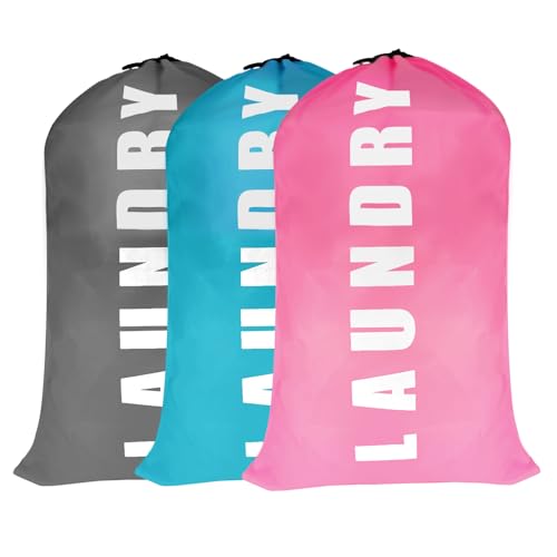 3Pcs Large Laundry Bag 91cm×61cm Travel Laundry Bag Foldable Laundry Bags with Drawstring laundry bags for travelling for Travelling Camping Home Bathroom Caravan Dormitory(Blue&Pink&Grey)